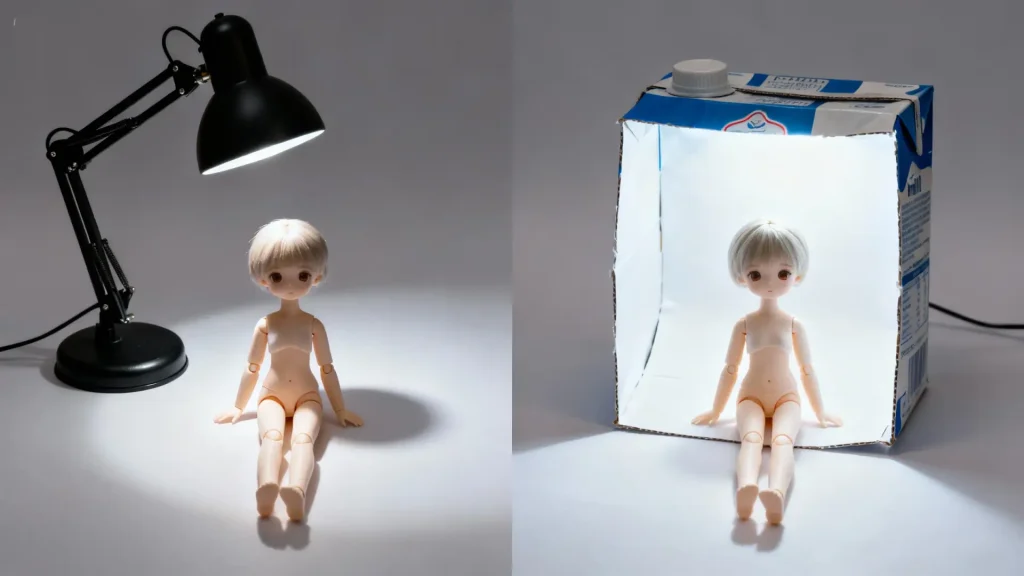 Before and after using a DIY softbox for soft doll lighting