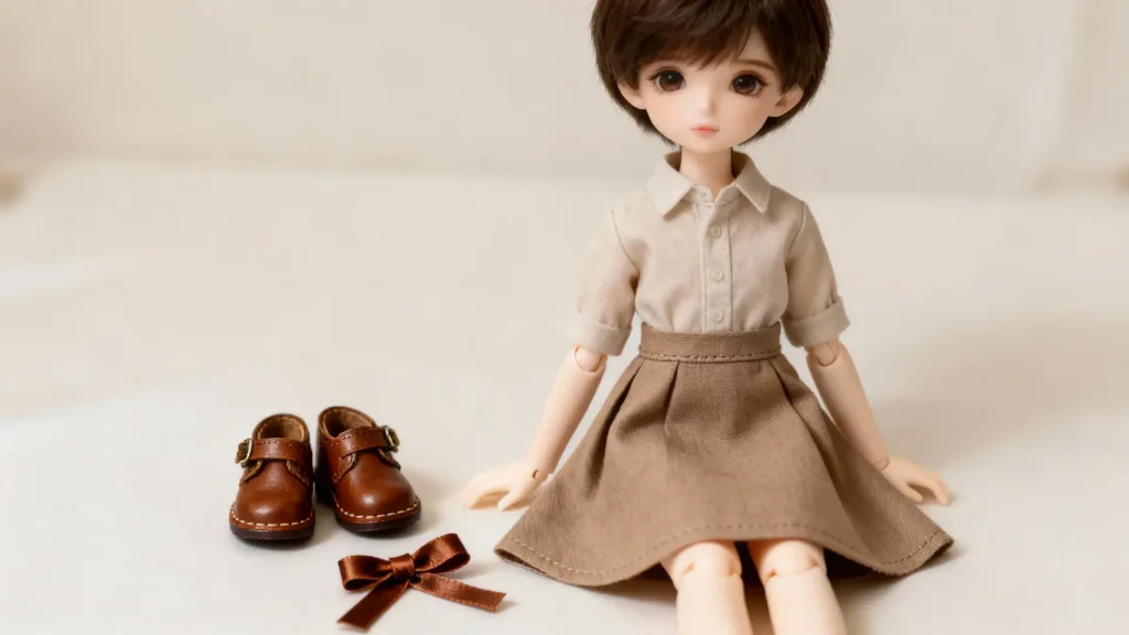 A beautifully dressed BJD doll showcasing a handmade outfit and accessories