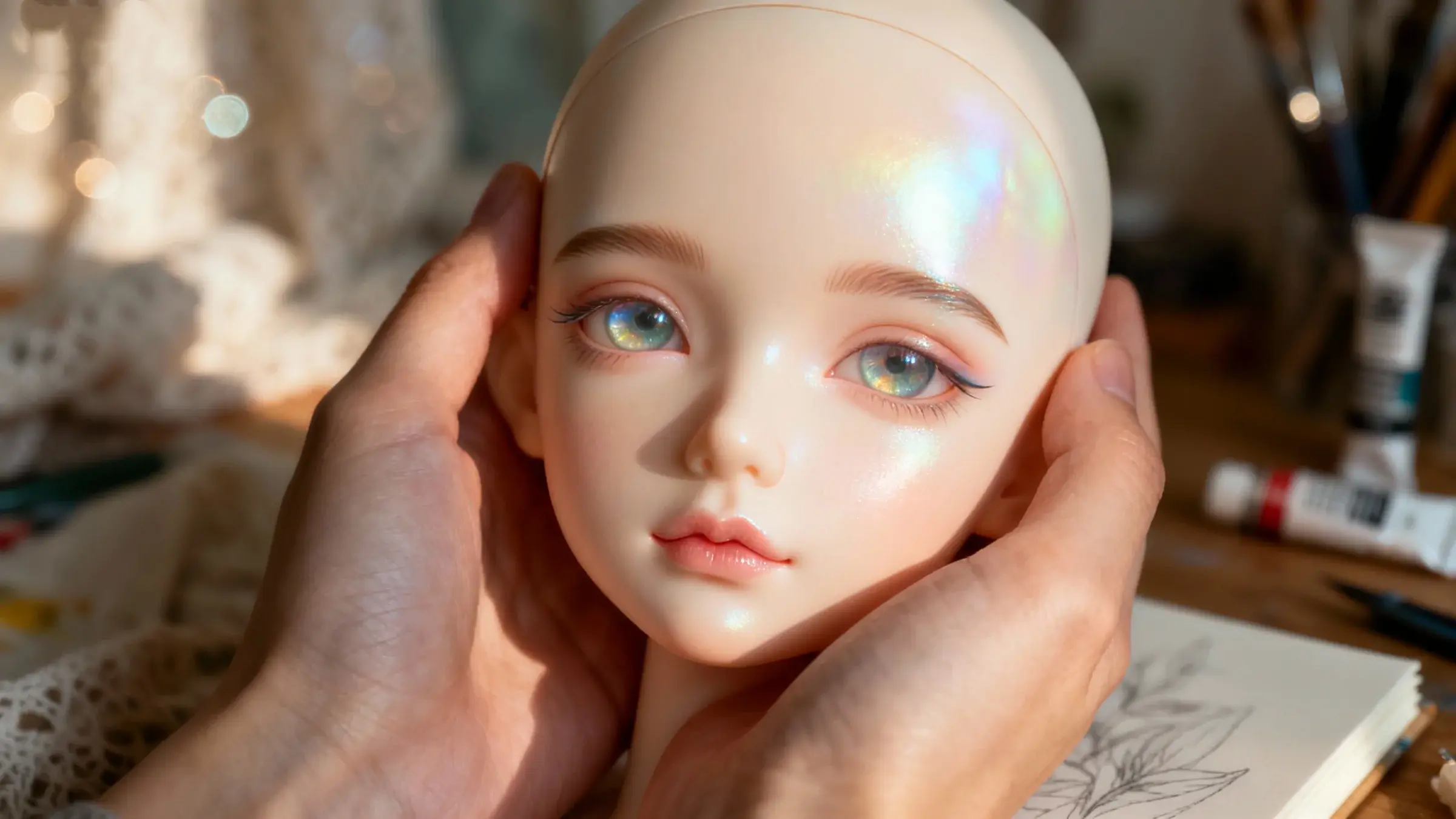 A person gently holding a beautiful BJD doll with a warm, soft-focus background