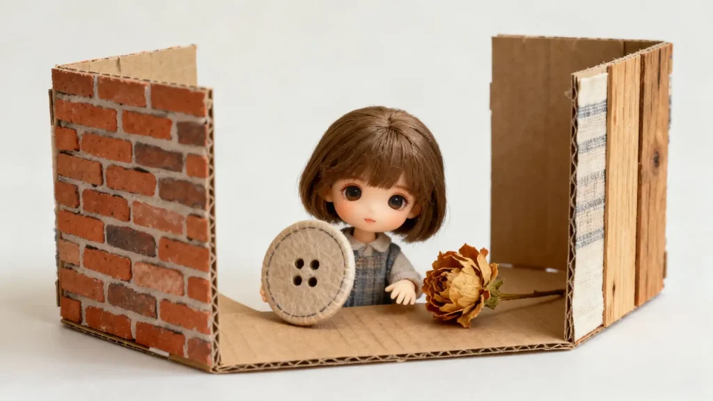 A BJD doll in a DIY foldable miniature scene board setup