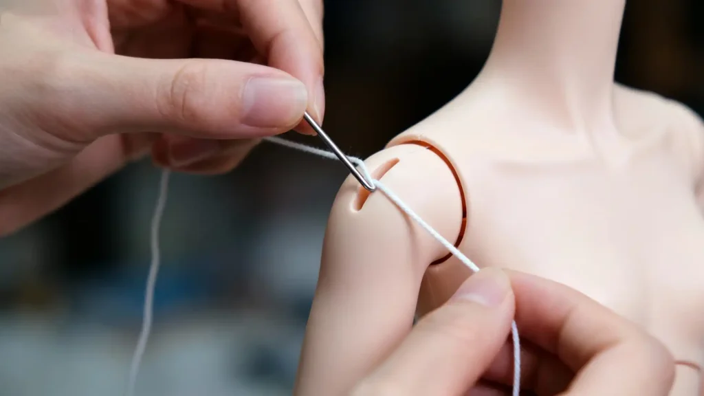 Close-up of hands threading elastic through a BJD torso