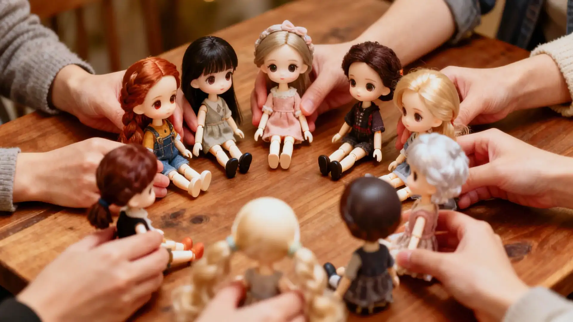 Diverse hands placing BJDs in a welcoming circle for the community