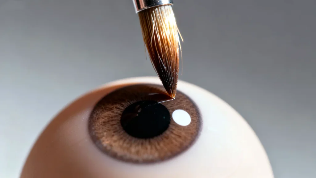 An artist's brush adding a white highlight to a BJD doll eye