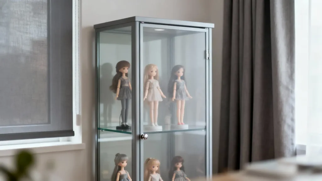A UV-protected glass display cabinet safely storing BJD dolls