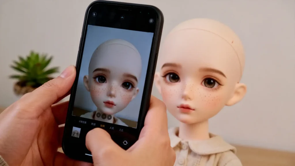 Photographing a BJD doll with a freckled face-up for online sharing