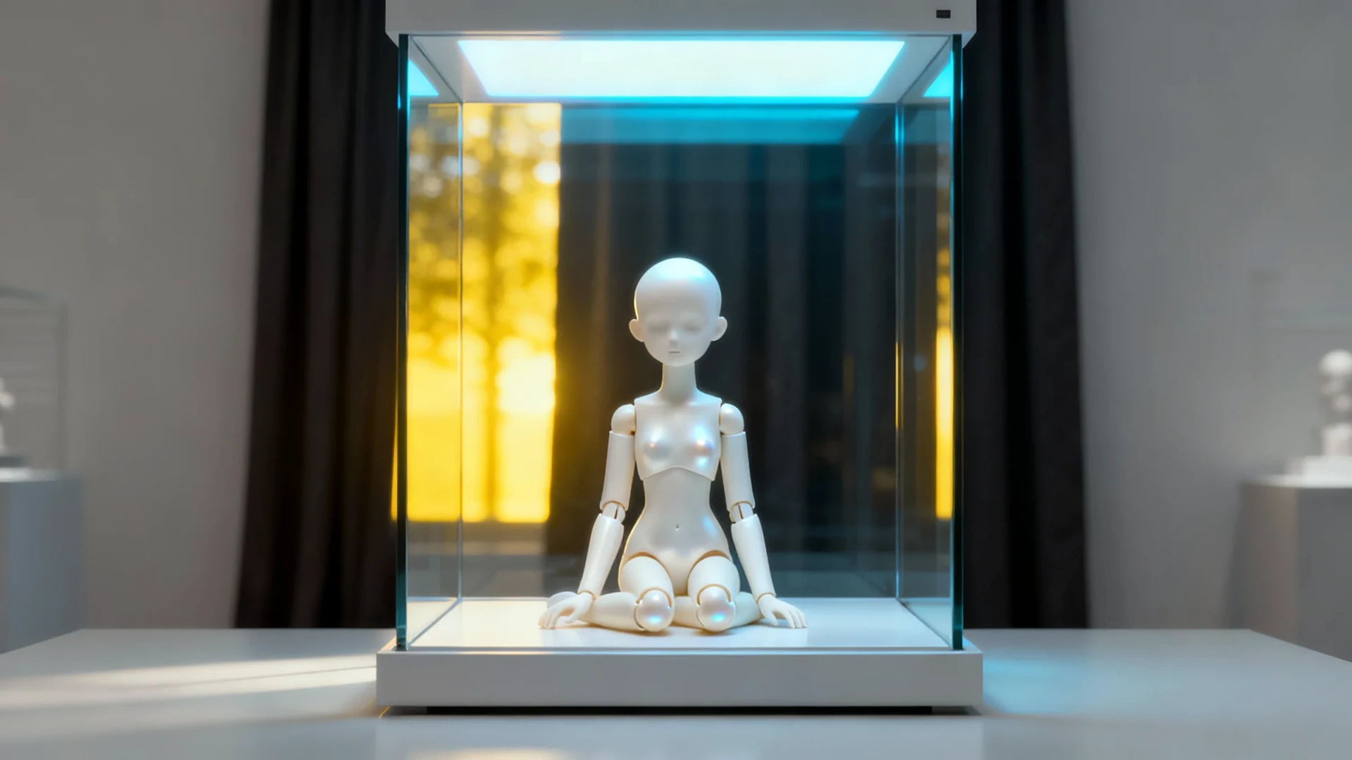 A pristine white BJD doll safely displayed in a UV-protective glass display case