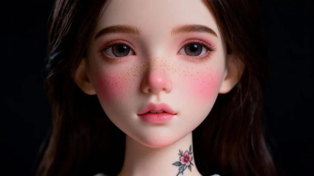 Completed advanced BJD faceup showing seamless integration of blush, freckles, and tattoo.