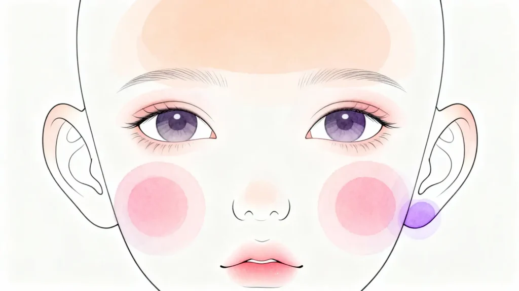 Diagram showing the three-step layered application of blush on a BJD face
