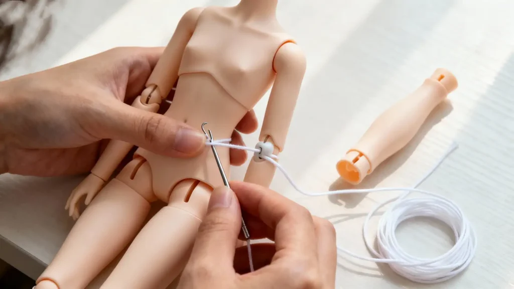 Hands re-stringing a ball-jointed doll by threading elastic through the torso