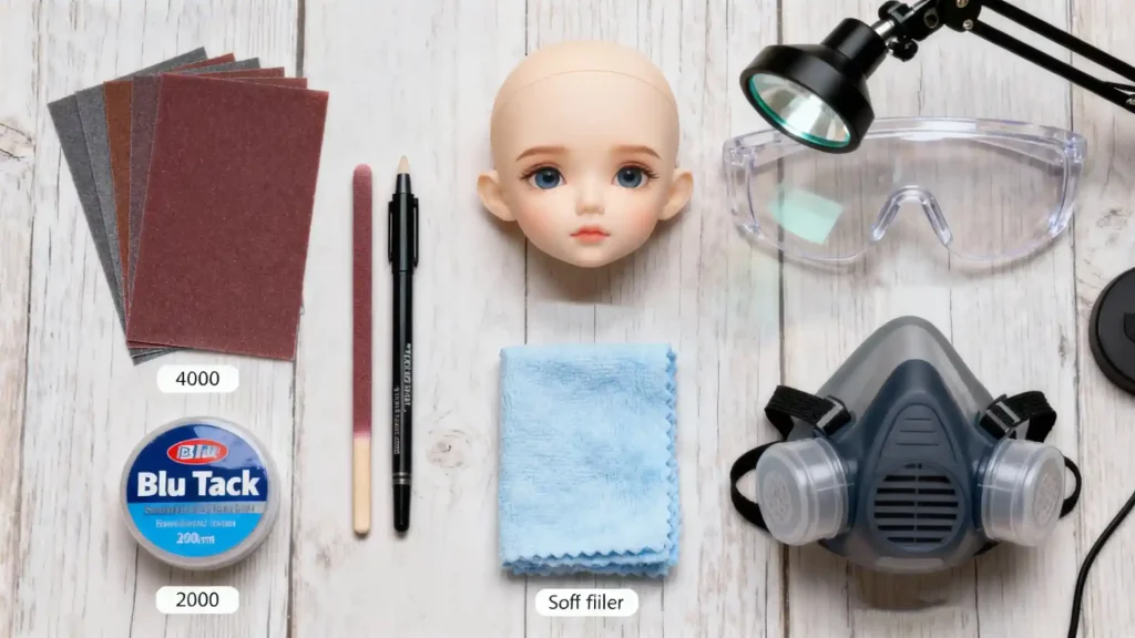 Essential tools for safe BJD eye well modification laid out in organized flat lay