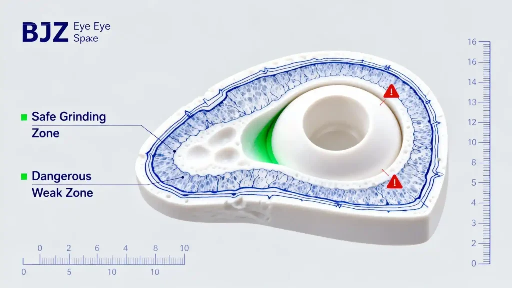 Anatomical diagram showing safe versus dangerous areas for BJD eye socket modification