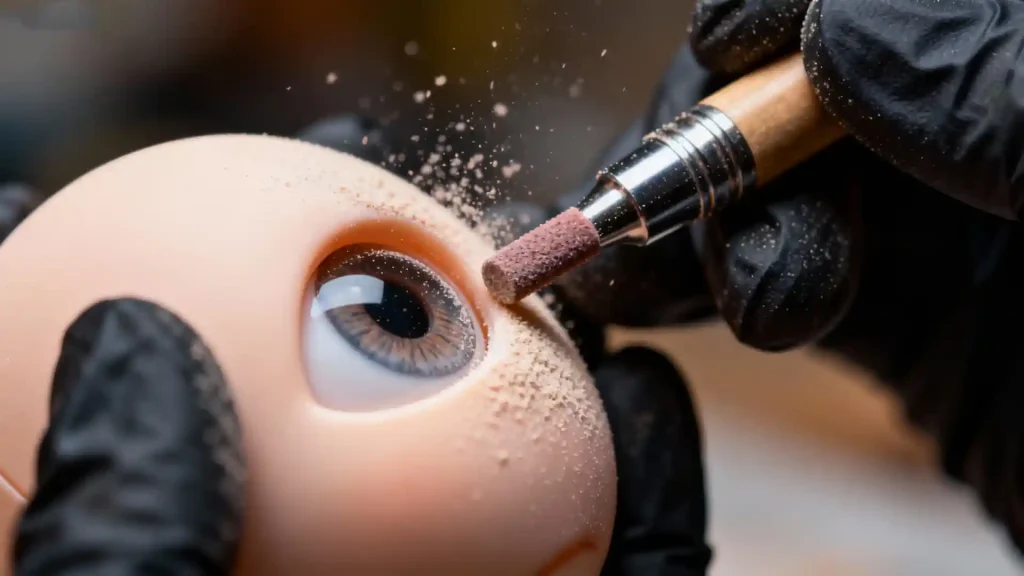 Close-up demonstration of precision sanding inside BJD eye well with proper technique