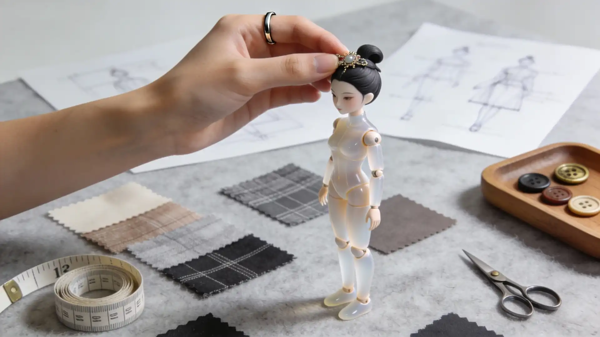 A curator styling a ball-jointed doll on a minimalist workstation