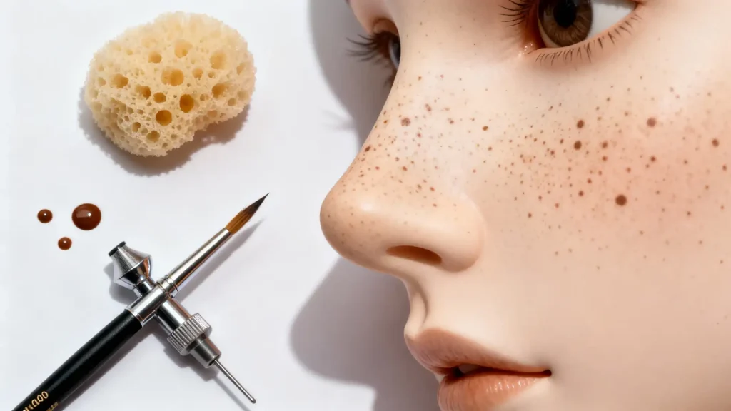 Tools for BJD freckles and close-up result showing realistic, varied freckle application
