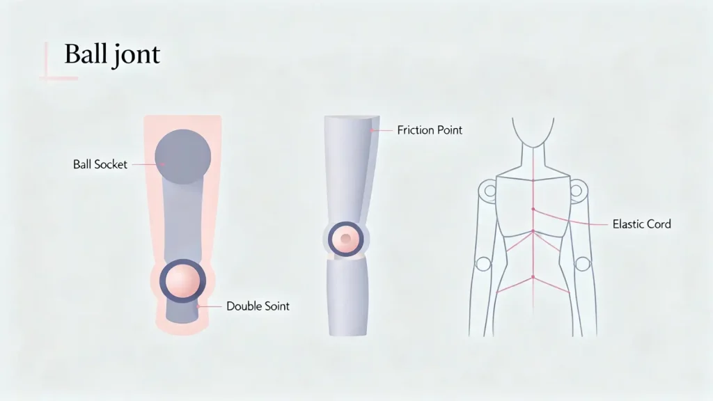 Diagram comparing BJD ball joint and double joint structure with elastic stringing