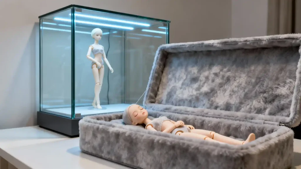 Two scenes: a BJD displayed in a lit cabinet, and one resting in archival storage, illustrating long-term care rotation