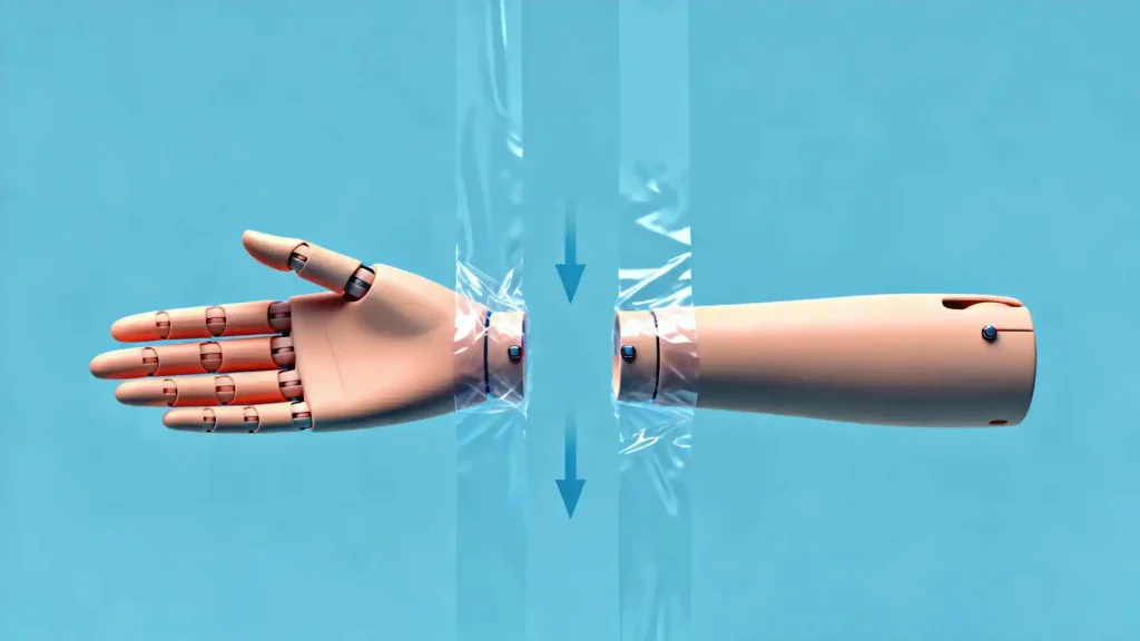 Diagram showing the cellophane trick for perfect magnet alignment during BJD installation.