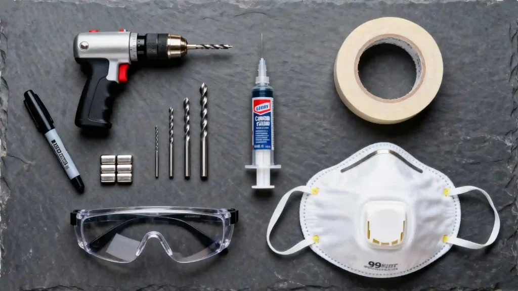 Essential tools for safe BJD magnet installation laid out in an organized flat-lay