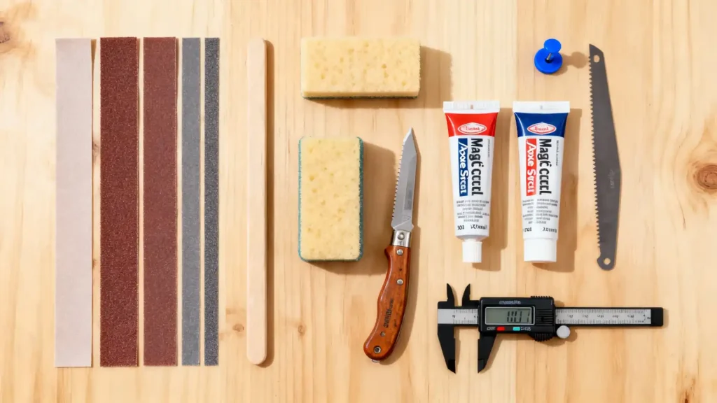 Flat lay of all essential tools for BJD body modification