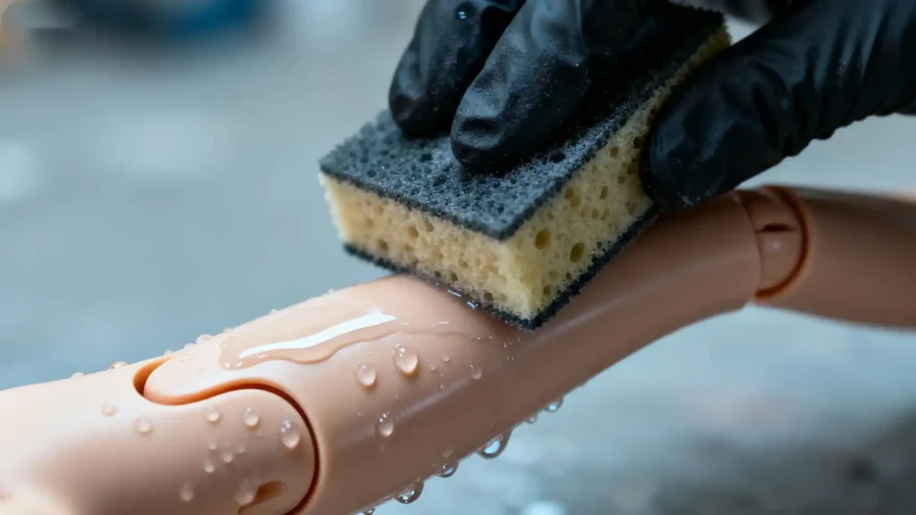 Macro close-up of wet sanding a BJD resin joint