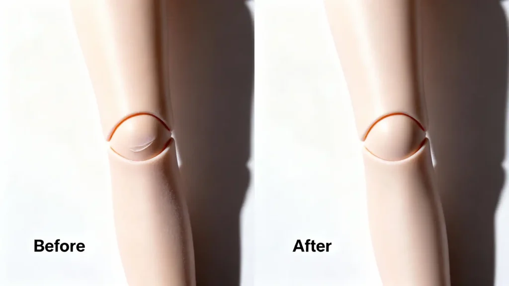 Before and after comparison of a repaired BJD sanding mistake