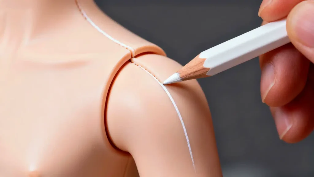 Close-up of marking BJD seam with white water-soluble pencil