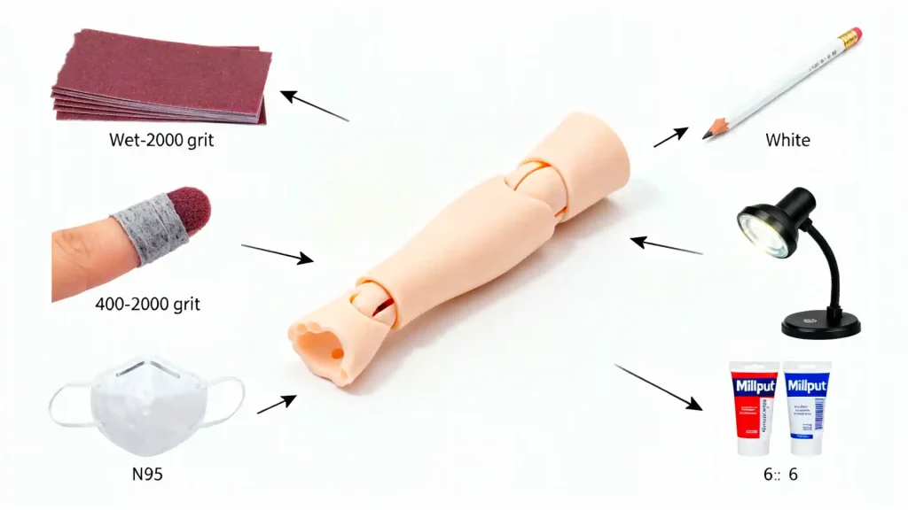 Diagram of essential BJD seam sanding tools with labels