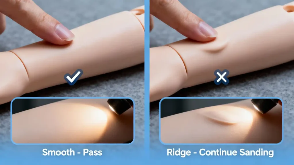 Infographic showing BJD seam smoothness test with nail and raking light