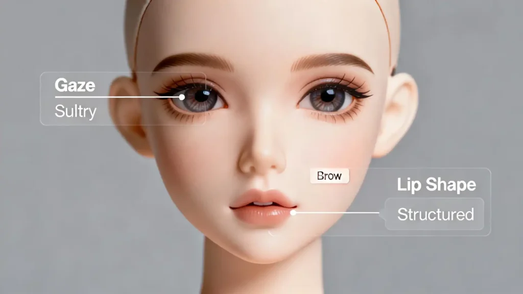 A BJD doll face with UI overlay analyzing style DNA features