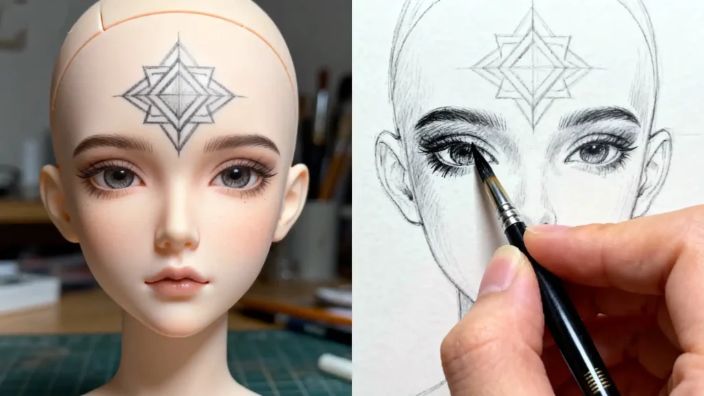 Process of transferring a tattoo design and painting it with precision on a BJD face
