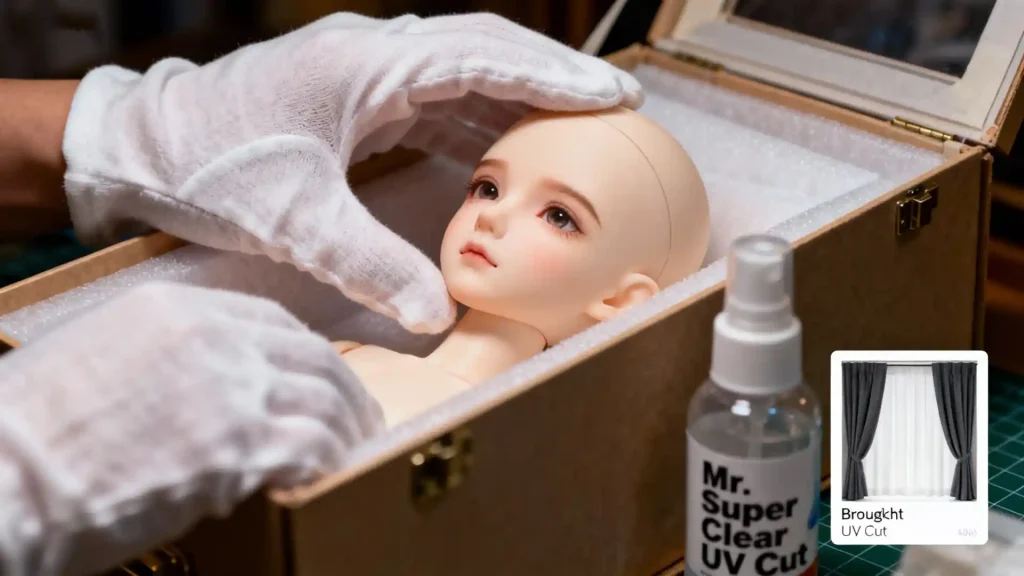 A BJD doll being stored in an archival box with gloves, highlighting UV protection and careful handling.