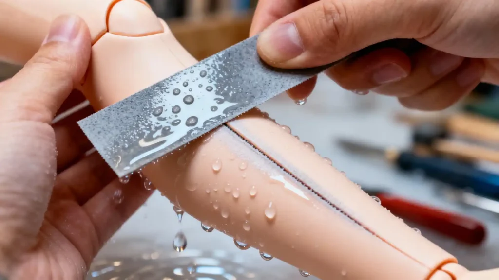 Hand wet sanding BJD seam with parallel strokes, water droplets visible