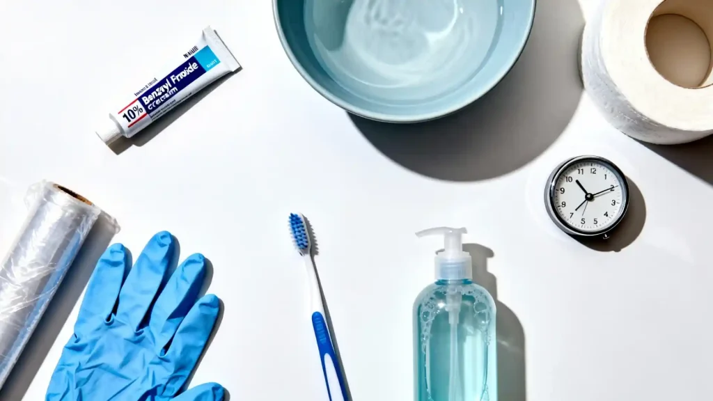 All necessary tools for the BJD benzoyl peroxide whitening method: cream, gloves, plastic wrap, brush, soap