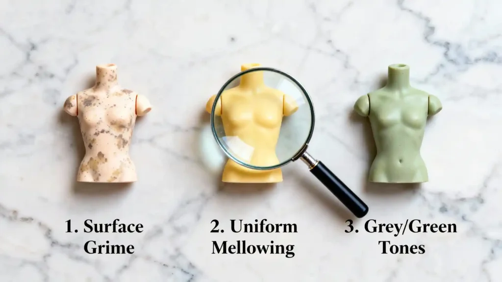 Visual guide comparing three types of BJD resin discoloration: surface grime, uniform yellowing, and grey/green tones.