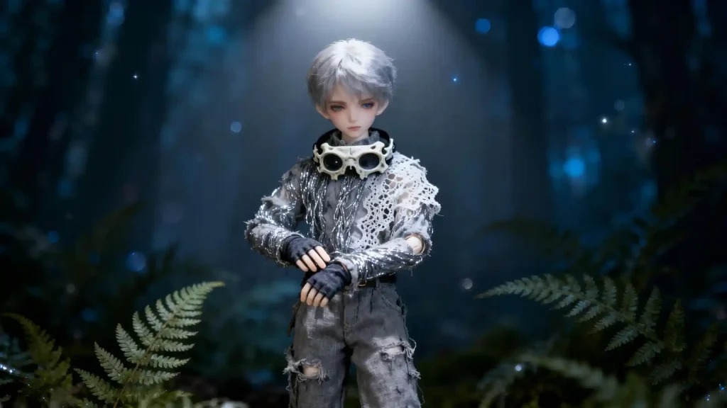 A fantasy BJD doll in a cyber-romantic forest guardian outfit