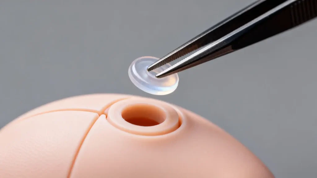 Close-up of inserting a silicone friction pad into a BJD joint socket with tweezers
