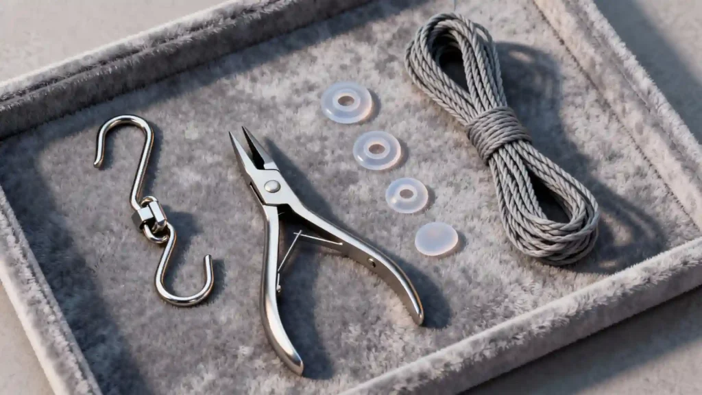 Professional BJD stringing tools including hemostats, S-hooks, and silicone washers