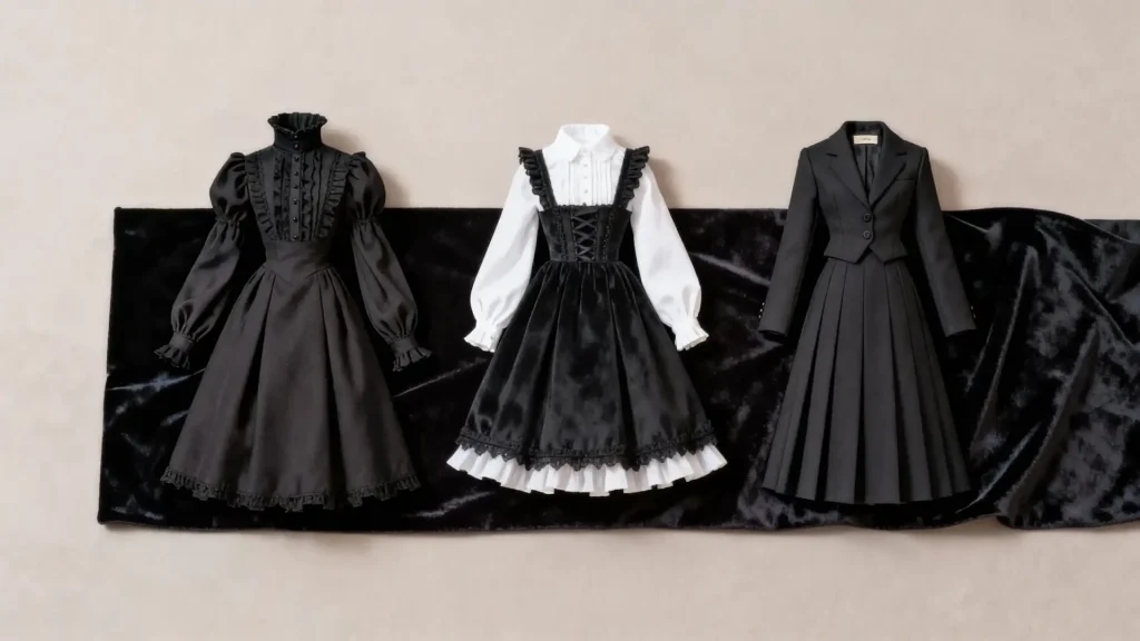 Comparison of Gothic Lolita BJD dress styles: OP, JSK, and EGA