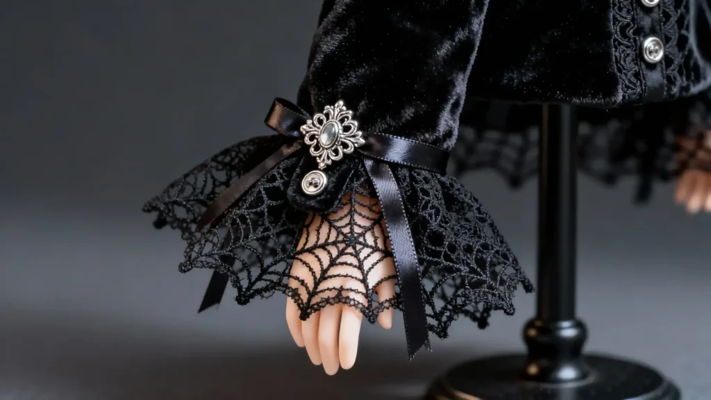 Close-up details of black velvet and lace on a Gothic BJD dress