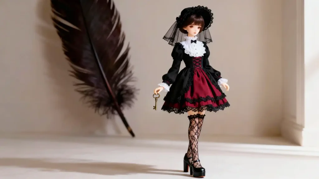 Full Gothic Lolita BJD outfit with bonnet, shoes, and accessories