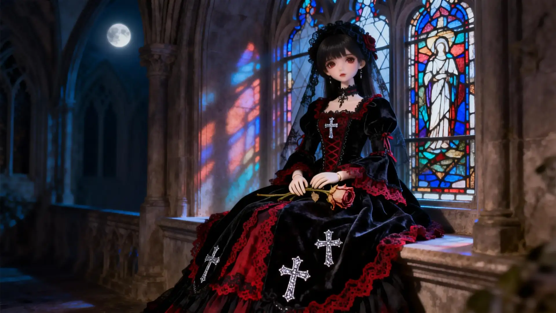 Gothic Lolita BJD doll in detailed dress by stained glass window