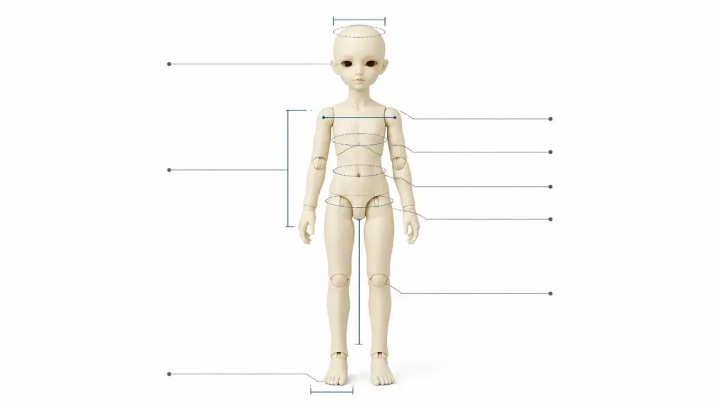 Technical diagram showing ball-jointed doll with measurement indicators for head, chest, waist, hips, limbs, and feet