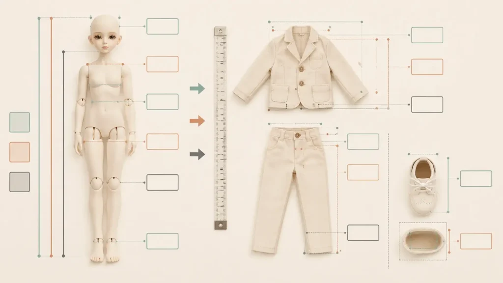 BJD clothing size guide comparing a doll body with a flat garment and usable shoe space