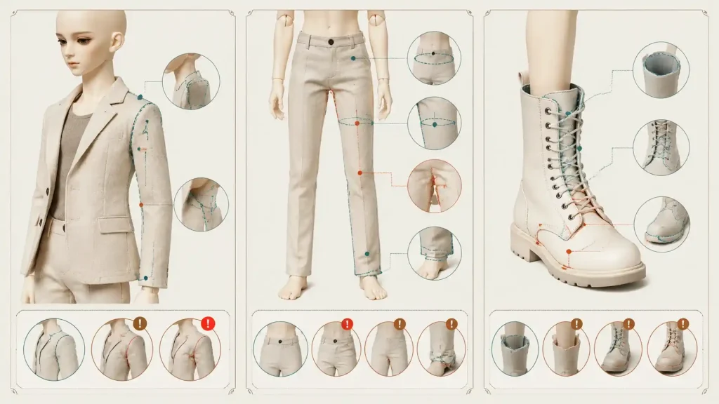 BJD clothing size guide showing shoulder, trouser, and boot openings as critical fit points