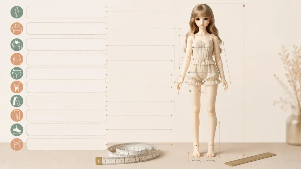 BJD clothing size guide showing a doll with measurement lines for chest, waist, hips, sleeves, and feet