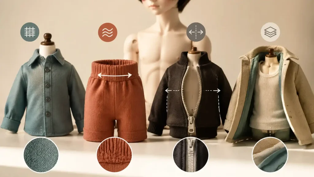 BJD clothing size guide comparing a doll body with a flat garment and usable shoe space