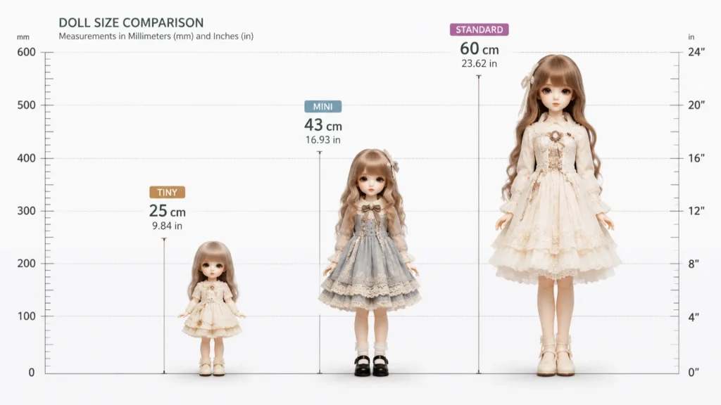 Three ball-jointed dolls of different scales lined up with a measurement chart, illustrating the BJD Library size guide.