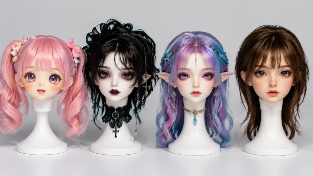 Four ball-jointed doll heads showing anime, gothic, fantasy, and realistic aesthetics as described in the BJD Library