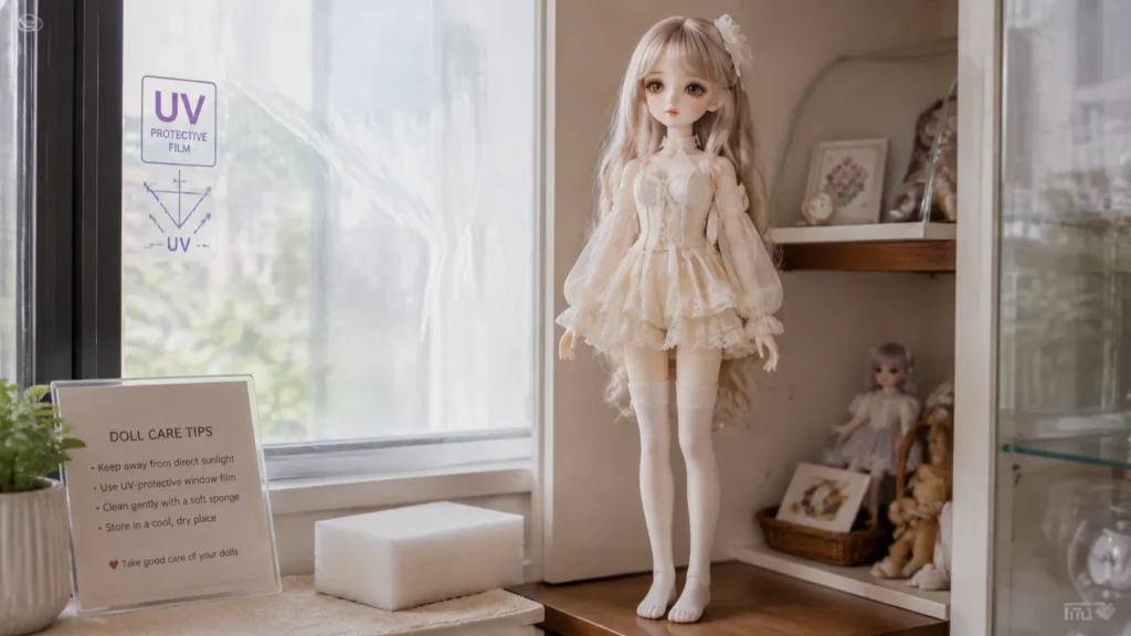 A ball-jointed doll wearing protective white undergarments displayed in a UV-safe setting, illustrating BJD Library care advice