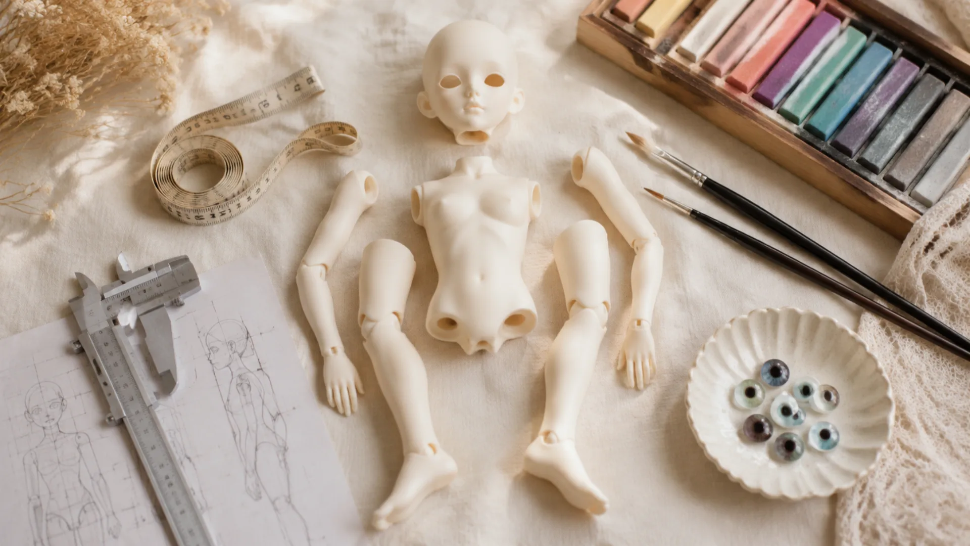 Top-down flat lay image of ball-jointed doll blank resin parts, measuring tools, and artist supplies for the BJD Library guide.